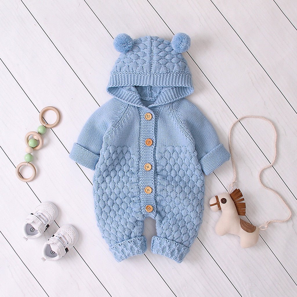 Hooded Fur Ball Knitted One - Piece Romper - Comfy Bambino