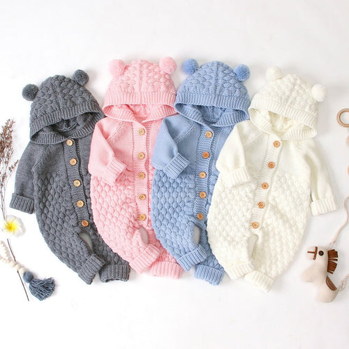 Hooded Fur Ball Knitted One - Piece Romper - Comfy Bambino